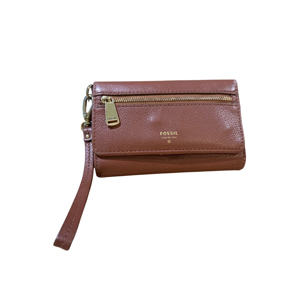 Fossil Cognac Brown Pebbled Leather Trifold Wristlet Wallet Gold Hardware